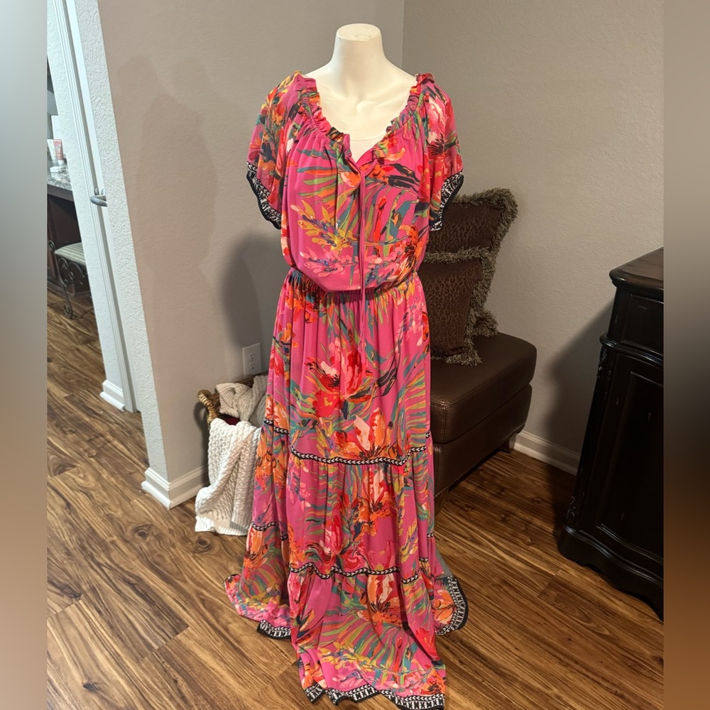 Long flowy dress.  Floral design.
